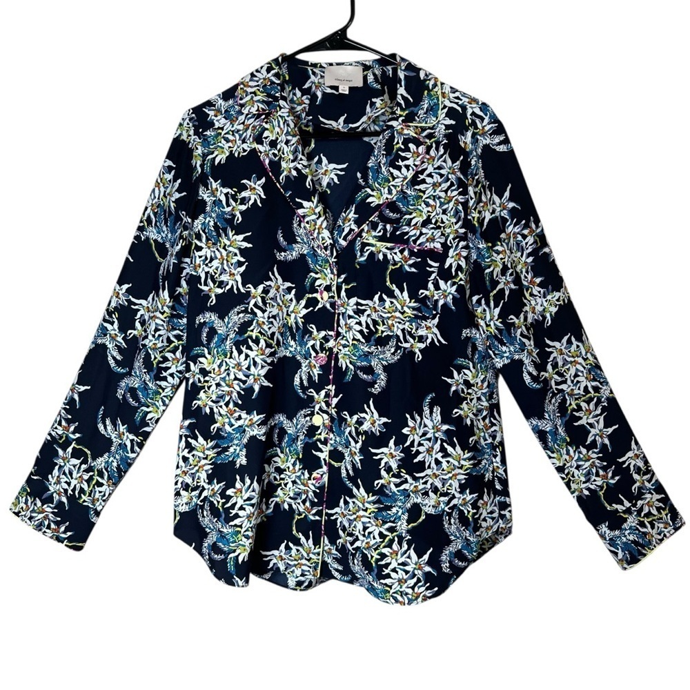 Cinq à Sept Floral Silk Button-Up Shirt Top Asian Pocket Collared Blouse Sz S - Picture 7 of 15